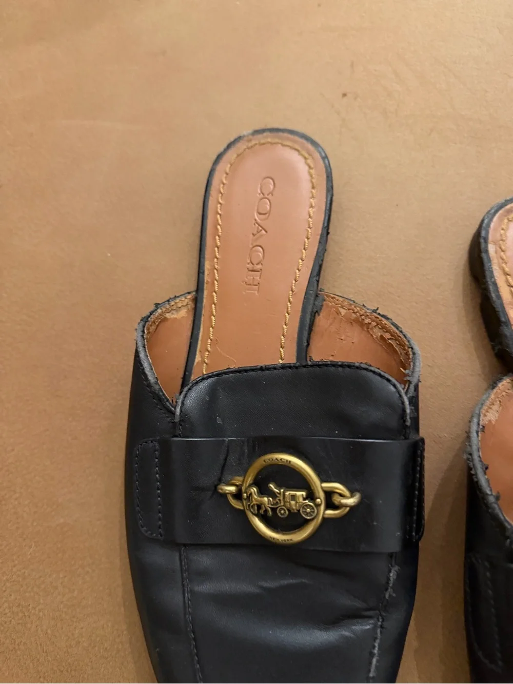 COACH Women's Black Leather Slide Mules with Gold Horse Accent ***peeling, poor